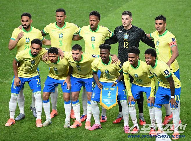 10일 서울월드컵경기장에서 열린 대한민국 축구대표팀과 브라질의 A매치 평가전, 브라질 베스트 일레븐이 포즈를 취하고 있다. 상암=허상욱 기자wook@sportschosun.com/2025.10.10/