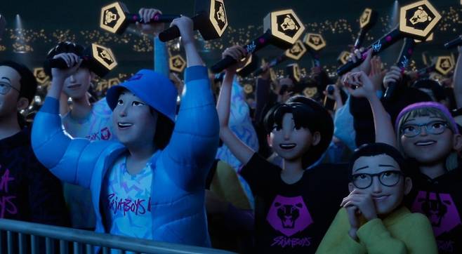 넷플릭스 애니메이션 '케이팝 데몬 헌터스'에서 그룹 사자보이즈 (Saja Boys)의 팬들이 공식 응원봉을 흔드는 장면./ 넷플릭스