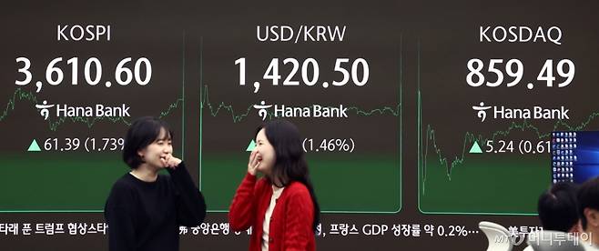 코스피가 사상 처음으로 3610선으로 상승 마감한 지난 10일 오후 서울 중구 하나은행 딜링룸에서 딜러들이 업무를 보고 있다. 이날 코스피는 전 거래일(3549.21)보다 61.39포인트(1.73%) 오른 3610.60, 코스닥 지수는 전 거래일(854.25)보다 5.24포인트(0.61%) 상승한 859.49에 마감했다. 원·달러 환율은 1410원을 돌파하며 오름세를 보였다. /사진=뉴시스