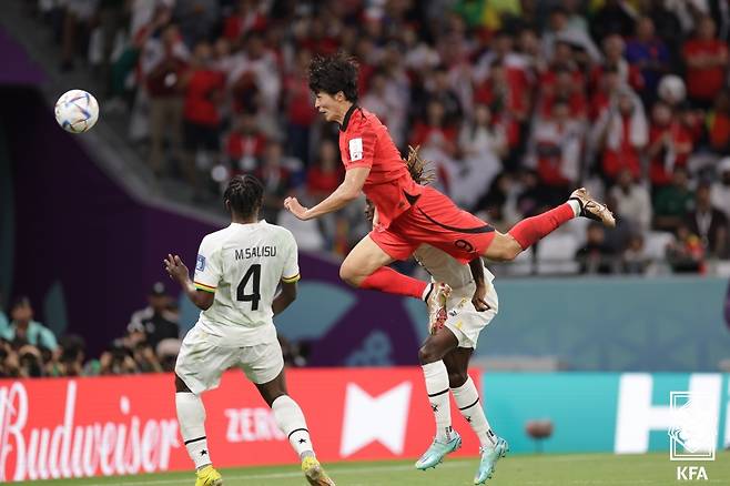2022년 11월 카타르 알라얀의 에듀케이션시티 스타디움에서 열린 2022 국제축구연맹(FIFA) 카타르 월드컵 조별리그 2차전 가나전에서 헤더 슈팅을 하고 있는 조규성. /사진=대한축구협회 제공