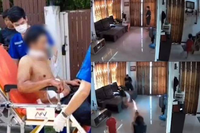 지난 5일(현지시간) 태국 아유타야주 방파인 지역에서 티라촙 파롯(30)과 반차 푸사통(60)이 총격전을 벌이는 모습(오른쪽)과 총격전 이후 병원으로 이송되는 티라촙의 모습. (사진=방콕포스트 갈무리)