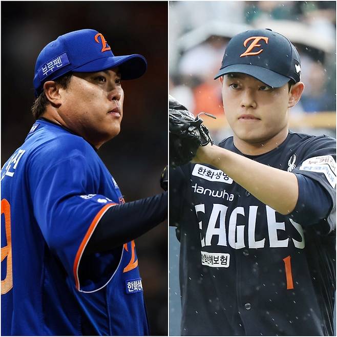 류현진(왼쪽)과 문동주. 사진=IS 포토·한화 이글스 제공