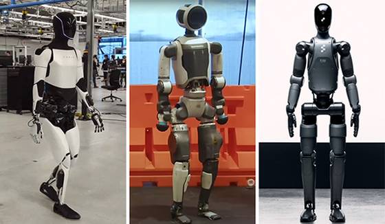 From left, Tesla's Optimus humanoid robot, Boston Dynamics' Atlas and Figure AI's Figure 02 [JOONGANG ILBO]