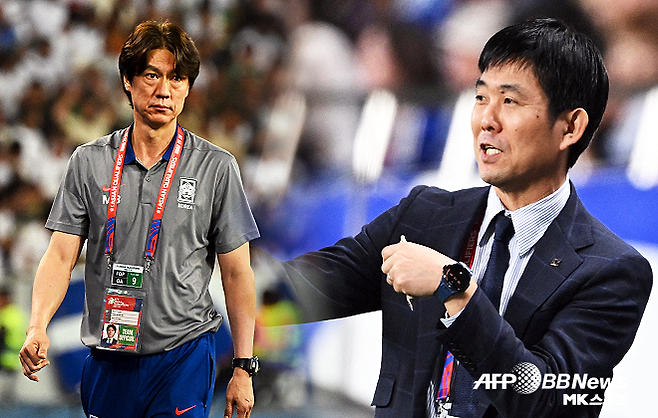 한국 축구 대표팀 홍명보 감독(사진 왼쪽), 일본 대표팀 모리야스 하지메 감독. 사진=AFPBBNews=News1. 편집=이근승 기자