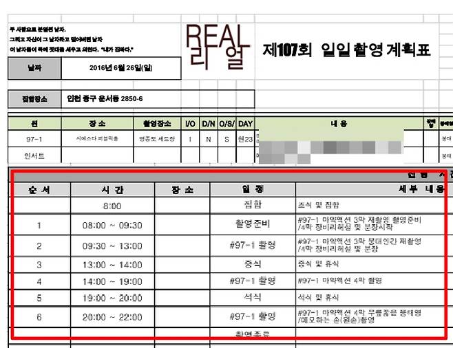 /사진=영화 '리얼' 일일촬영계획표