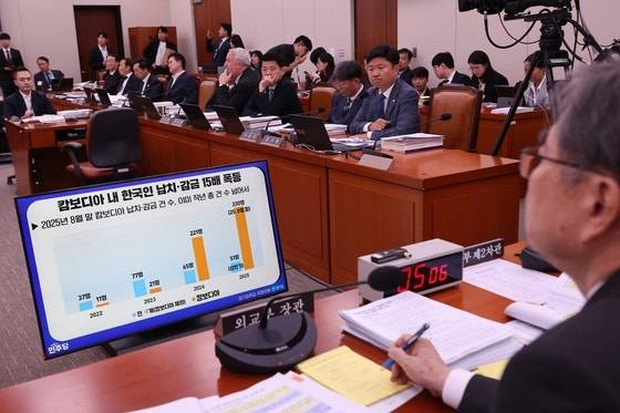 조현 외교부 장관이 13일 서울 여의도 국회에서 열린 외교통일위원회 국정감사에서 캄보디아 내 한국인 범죄 피해와 관련해 더불어민주당 윤후덕 의원의 질의를 받고 있다. [연합]