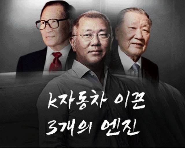 정주영(왼쪽) 현대그룹 창업회장과 정몽구(오른쪽) 현대차그룹 명예회장, 정의선 현대차그룹 회장. 서울경제 자료사진