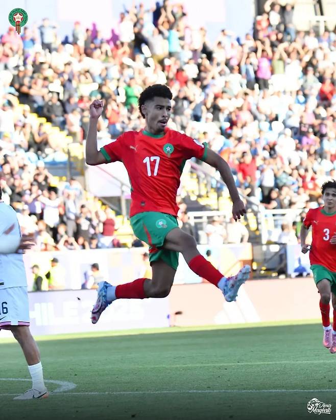 모로코 공격수 게심 야신이 13일(한국시간) 엘 테니엔테에서 열린 미국과 U-20 월드컵 8강전에서 팀의 세 번째 골을 넣은 뒤 기뻐하고 있다. 사진출처|모로코축구국가대표팀 페이스북