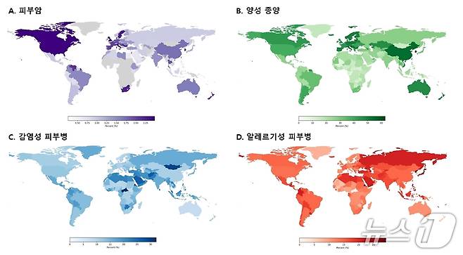 연구팀이 npj Digital Medicine에 공개한 피부질환별 세계 지도(분당서울대병원 제공)