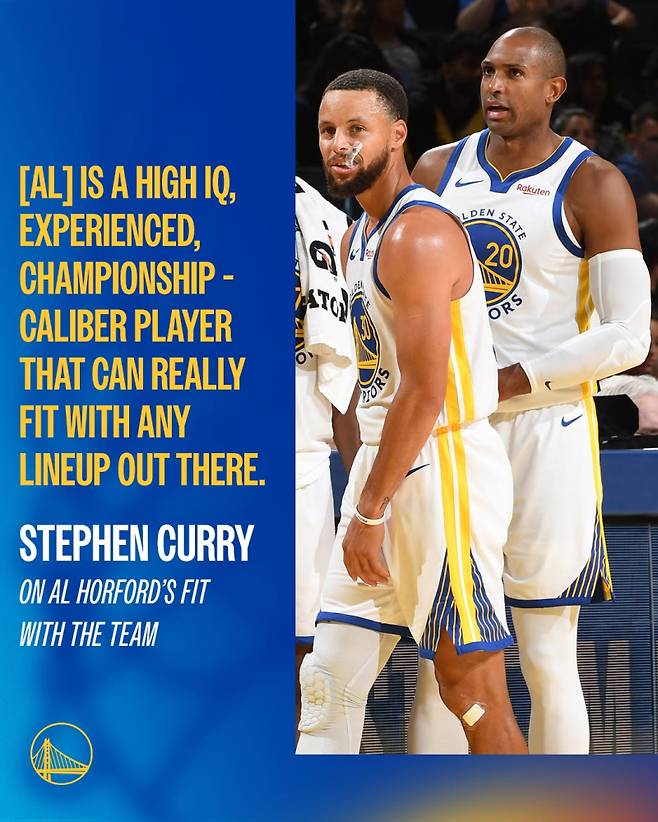 새 시즌 커리어 처음으로 합을 맞추게 된 골든스테이트 커리와 호포드(오른쪽). 사진은 지난 7일 호포드의 합류를 반긴 커리. 사진=골든스테이트 SNS