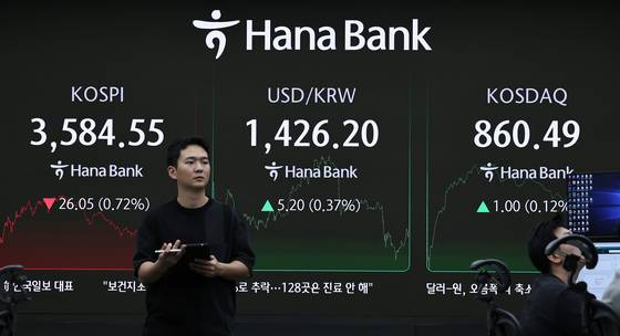 13일 오후 서울 중구 하나은행 딜링룸. 이날 코스피는 전 거래일보다 26.05포인트 내린 3584.55, 코스닥은 1포인트 오른 860.49에 마감했다. 달러 대비 원화가치는 장중 1434원까지 하락하다(환율 상승), 외환당국의 구두 개입 후 1420원대를 회복했다. [뉴스1]