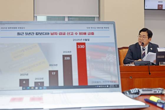 지난 13일 서울 국회에서 열린 정무위원회 국정감사에서 더불어민주당 박찬대 의원이 윤창렬 국무조정실장에게 캄보디아에서 발생한 한국인 납치 관련 질의하고 있다. 연합뉴스