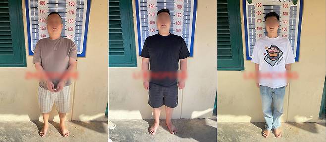 지난 11일 캄보디아 깜폿지방검찰청이 한국인 박모씨에 대한 살인과 사기 혐의로 구속기소한 중국인 3명 모습. 연합뉴스
