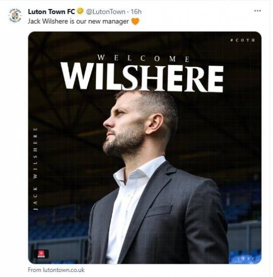 잭 윌셔를 감독으로 선임한 소식을 전한 루턴 타운. 사진[루턴 타운 구단 SNS=연합뉴스]