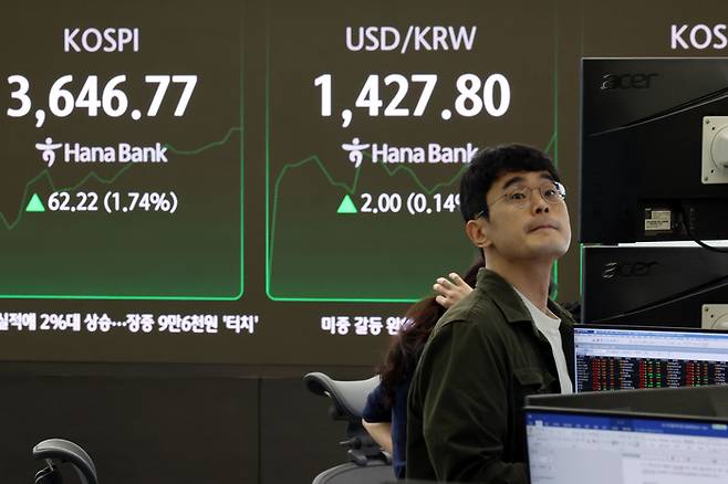 14일 오전 서울 중구 하나은행 본점 딜링룸 전광판에 개장 시황이 표시되어 있다. 코스피 지수는 0.55% 오른 3,604.12로 개장, 3,561.81로 마감했다. [사진 출처=뉴스1]