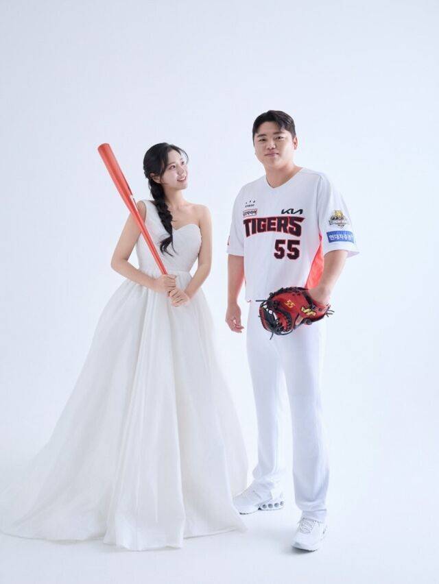 전 LG 트윈스 치어리더 김이서(왼쪽), KIA 타이거스 포수 한준수의 웨딩 화보 / 한준수 인스타그램