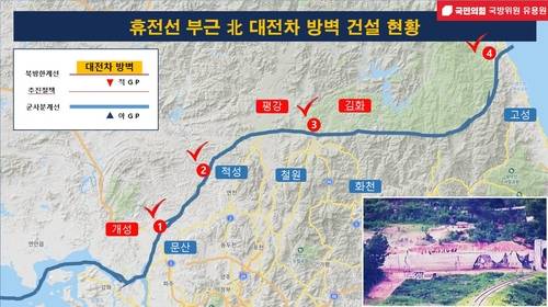 "北, NLL 일대 4곳서 각 2.5㎞ 길이 대전차 방벽 건설" (서울=연합뉴스) 국회 국방위원회 소속 유용원(국민의힘) 의원은 합동참모본부로부터 받은 설명과 유럽의 위성업체로부터 입수한 위성사진에 따르면 북한이 4개 NLL 일대에서 각 지역에 약 2.5km 길이의 대전차 방벽을 건설한 것으로 확인됐다고 14일 밝혔다. 2025.10.14 [유용원 의원실 제공. 재판매 및 DB 금지]