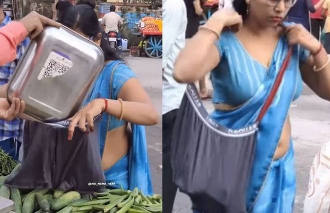 남성 속옷을 개조해 만든 가방을 들고 시장에서 장을 보는 인도 여성의 모습. 소셜미디어(SNS) 캡처