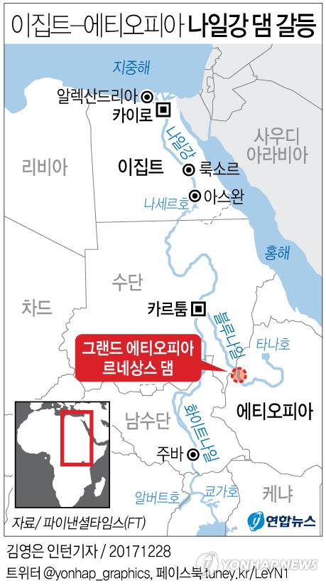 [연합뉴스 그래픽] 이집트-에티오피아 나일강 상류 댐 갈등 아프리카의 이집트와 에티오피아가 나일강(江) 상류 댐 건설을 둘러싸고 갈등을 빚고 있다. 이집트는 나일강 상류에 있는 에티오피아가 초대형 수력발전 댐 건설에 나서자 유입되는 강물이 현격히 줄어들 것이라고 걱정했다. 반면 에티오피아는 경제개발 등 차원에서 댐 건설을 강행했다. 지도의 '카르툼'이 하르툼이다.