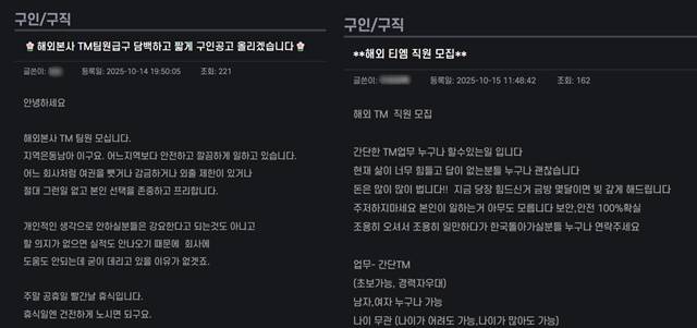 '고가에 대량의 개인 및 법인 계좌를 매입한다', '해커 구인', '개인장(개인 통장) 명의자 모신다' 등 각종 불법 행위에 연루될 수 있는 글도 버젓이 올라왔다. 심지어 '미친 수익 보장. 2012년생부터 가능', '용돈벌이 최고'라는 문구를 내세워 미성년자까지 유인하는 글도 있었다. /'하데스 카페' 갈무리