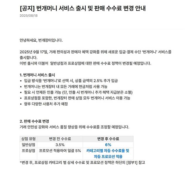 중고거래 플랫폼 번개장터는 지난 달 18일 공지사항을 통해 다음 달부터 수수료 정책을 변경한다고 밝혔다. /번개장터 홈페이지 캡처