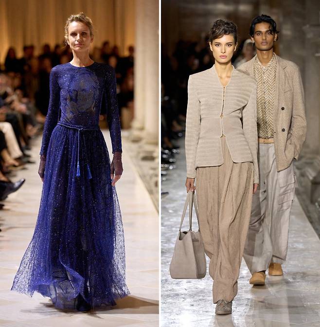 9월 28일(현지 시간) 이탈리아 밀라노 브레라 미술관에서 열린 조르조 아르마니의 ‘2026 봄여름 여성 컬렉션’ 피날레 무대에는 한 모델이 아르마니의 얼굴을 크리스털 자수로 새긴 드레스를 입고 등장해 눈길을 끌었다(왼쪽 사진). 아르마니는 이번 컬렉션에서 그가 사랑한 섬 ‘판텔레리아’의 낭만을 담아 모래 빛 베이지(오른쪽 사진)와 짙푸른 바다색, 싱그러운 녹색이 어우러진 색감을 선보였다. 브랜드 제공