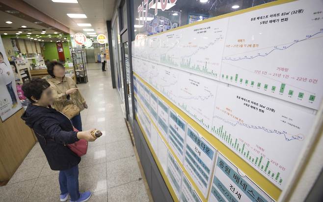 정부가 10·15 부동산 대책을 발표한 15일 오후 서울 마포구의 한 부동산 밀집 상가에서 시민들이 집값 안내문을 바라보고 있다.  정부가 6·27 대출 규제과 9·7공급대책에 이어 발표한 추가 대책은 기존 규제지역인 강남3구·용산구를 포함한 서울 25개 구 전역과 한강 이남의 경기도 12곳 등 총 27곳을 조정대상지역·투기과열지구·토지거래허가구역 등 ‘삼중 규제지역’으로 묶고 금융규제까지 강화하는 내용이다. 2025.10.15 뉴시스