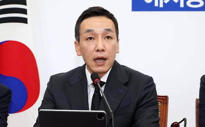 김민수 국민의힘 최고위원은 13일 여의도 국회에서 열린 최고위원회의에서 발언을 하고 있다. 사진=박범준 기자