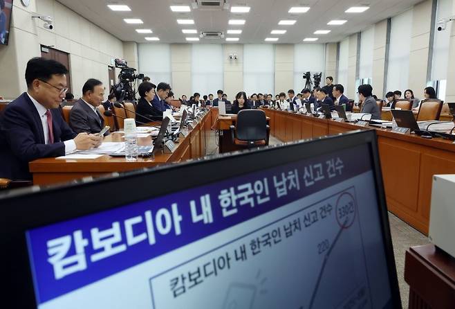 지난 14일 서울 여의도 국회에서 열린 행정안전위원회의 행정안전부 등 국정감사에서 캄보디아 내 한국인 납치 신고 관련 질의를 하고 있다. 뉴시스