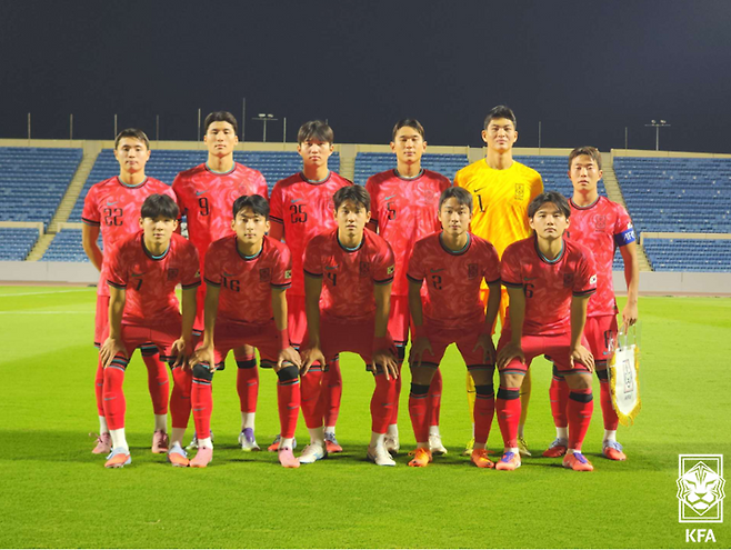 사우디아라비아와의 연습경기 1차전에 선발로 나선 U-22 대표팀 선수들의 모습. 사진=KFA