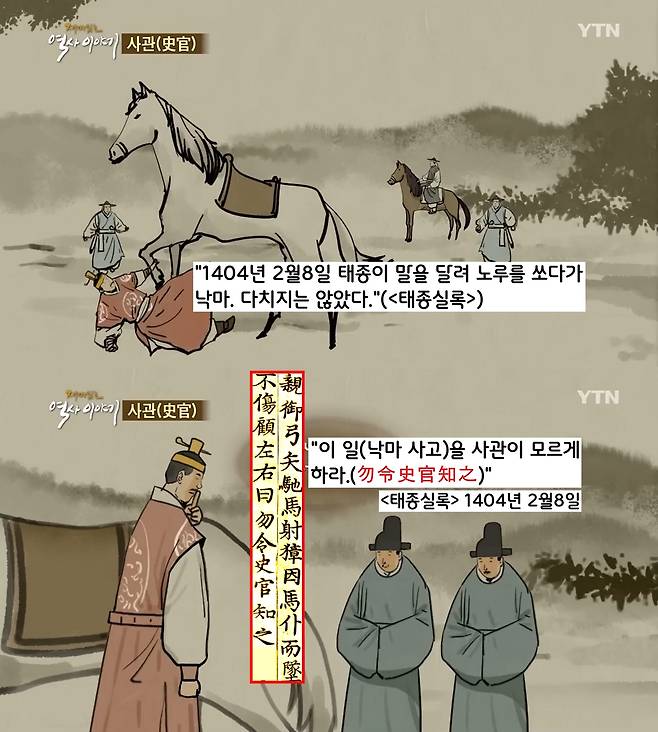 1404년 2월8일 태종이 주변의 반대를 무릅쓰고 사냥을 나갔다가 낙마사고가 났다. 태종은 훌훌 털고 일어나 “이 일을 사관이 모르게 하라.(勿令史官知之)”고 지시했다. 그러나 사관은 태종의 ‘오프더레코드’ 지시까지 낱낱이 기록해서 <태종실록>에 남겼다.