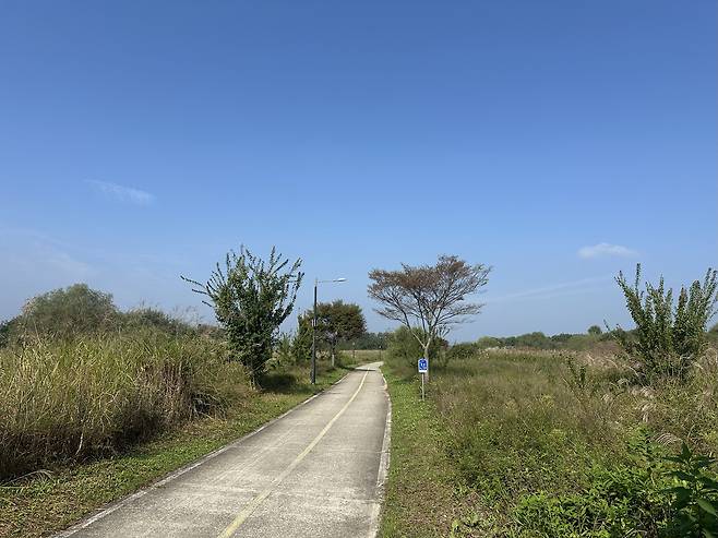 A long, flat trail winds around the outskirts of Daegu on Oct. 1.  [JIM BULLEY]