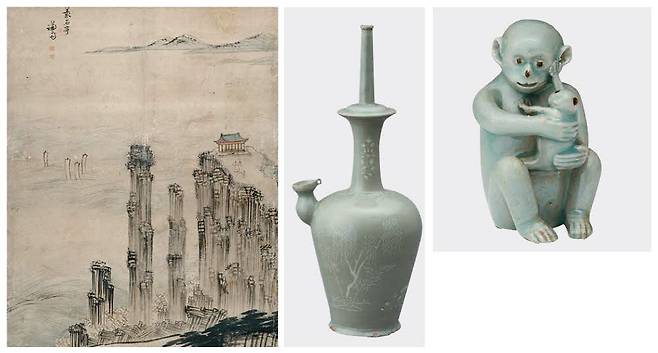 간송미술관 '보화비장'전에 선보이는 미술품들. 왼쪽부터 겸재 정선의 '금강산 8폭' 중 '총석정', 12세기 작품인 '청자상감연지원앙문정병'(국보)와 청자모자원숭이형연적(국보). 간송미술문화재단