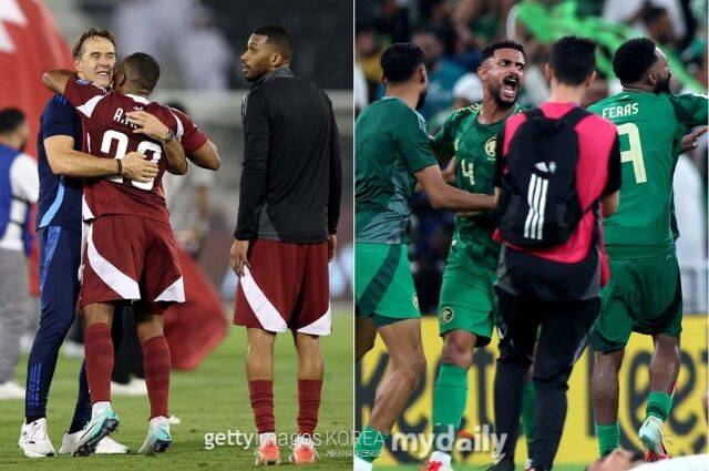 카타르(왼쪽) 선수들과 사우디아라비아 선수들이 2026 북중미 월드컵 본선행 확정 후 기뻐하고 있다. /게티이미지코리아