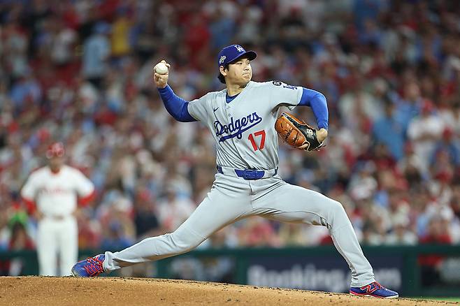 LA 다저스 오타니 쇼헤이가 5일 필라델피아와의 NLDS 1차전에 선발 등판, 역투하고 있다. Getty Images코리아