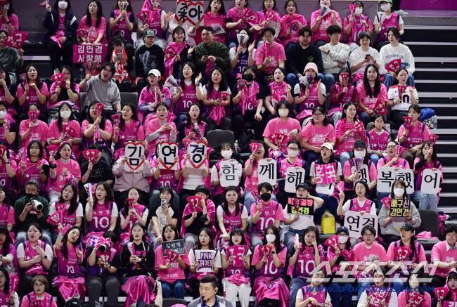 8일 인천 삼산월드체육관에서 배구 V리그 여자부 챔피언결정전 5차전 흥국생명과 정관장의 경기가 열렸다. 열띤 응원을 펼치고 있는 흥국생명 배구팬들. 인천=송정헌 기자songs@sportschosun.com/2025.04.08/