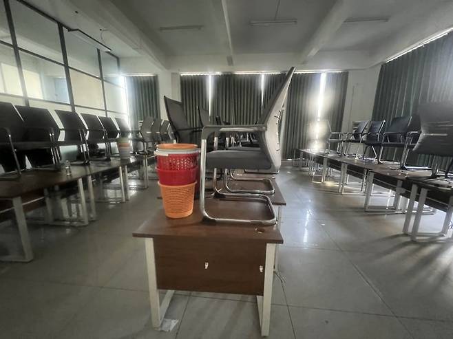 16일 캄보디아 따게우주에 위치한 태자단지 내 작업실로 추정되는 공간. 사진=김준석 특파원