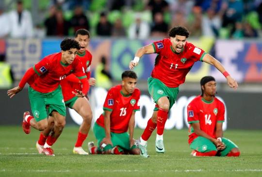 승부차기에서 승리가 확정되자 기뻐하는 모로코 선수들. 사진[로이터=연합뉴스]