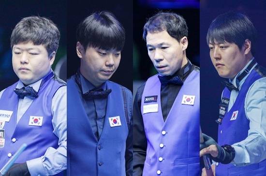16일 세계3쿠션선수권 조별예선이 마무리된 가운데 (왼쪽부터) 조명우 허정한 김행직 이범열 등 한국선수 4명이 32강에 올랐다 (사진=SOOP)