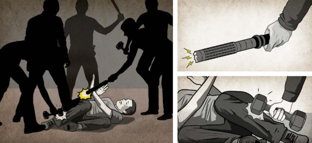 ▲ 엠네스티 보고서 <나는 누군가의 소유물이었다>에 담긴 캄보디아 범죄단지 내 고문 관련 삽화. ⓒ엠네스티 인터내셔널