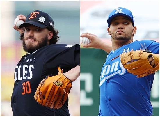 (서울=연합뉴스) 오는 17일 대전 한화생명 볼파크에서 열리는 프로야구 플레이오프 1차전에 한화 이글스 코디 폰세(왼쪽)와 삼성 라이온즈 헤르손 가라비토가 선발투수로 예고됐다. 2025.10.16 [연합뉴스 자료사진]