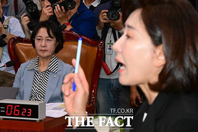 김현지 대통령실 제1부속실장의 증인 출석 여부를 둘러싼 논란이 '블랙홀'처럼 국감 정국을 달구고 있다. 사진은 더불어민주당 소속 추미애 국회 법제사법위원장과 나경원 국민의힘 의원./남윤호 기자