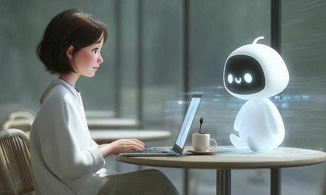 한국 여성이 에이아이와 함께 일하는 모습을 에이아이로 생성한 이미지. 에이아이는 지난 10년 동안 ‘반려 기술’로 진화했지만, 그렇다고 이에 대한 두려움이 사라진 것은 아니다. 게티이미지뱅크