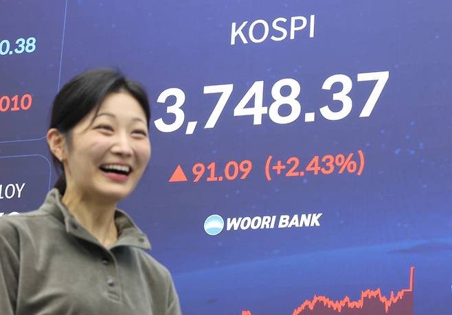 코스피가 사상 처음으로 3700선을 뚫은 16일 서울 중구 우리은행 본점 딜링룸에서 한 딜러가 활짝 웃고 있다. 이날 코스피는 전장보다 91.09포인트(2.49%) 오른 3748.37에 거래를 마감했다. [사진 = 연합뉴스]