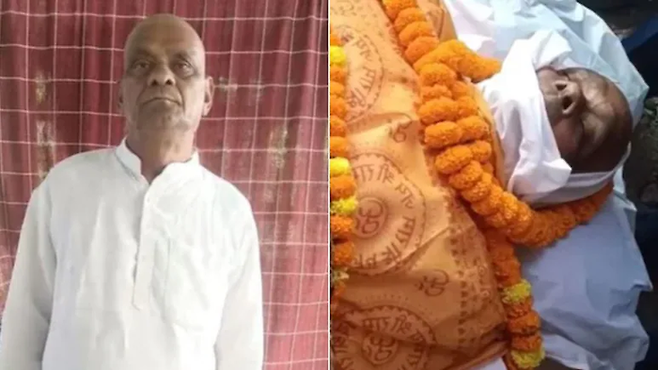 인도서 70대 남성이 자신의 장례식을 연출해 죽은 척 관에 누워있다. 하지만 이 남성은 화장직전 일어나 주민들을 놀라게 했다. [사진 출처 = NDTV]