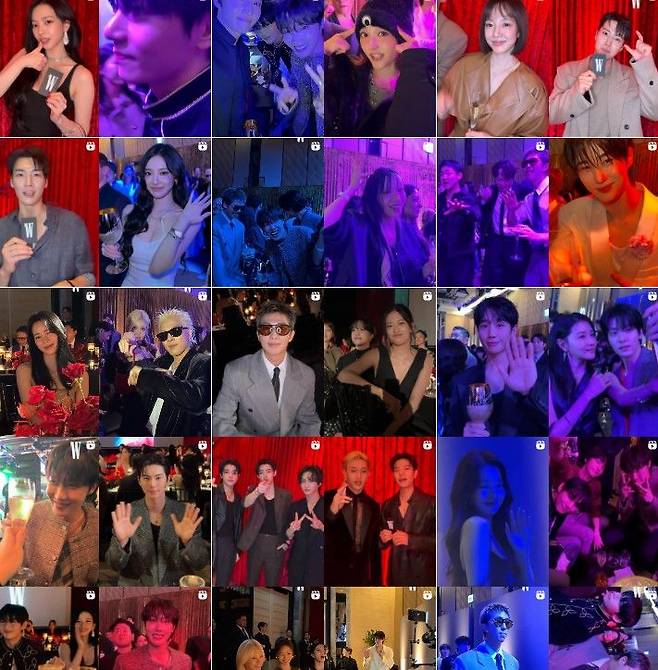 [서울=뉴시스] ‘유방암 인식 향상 캠페인’ 자선 행사 현장. 참석자들이 포토월과 파티장에서 포즈를 취하고 있다. (사진=W코리아 인스타그램 캡처) 2025.10.17. photo@newsis.com *재판매 및 DB 금지