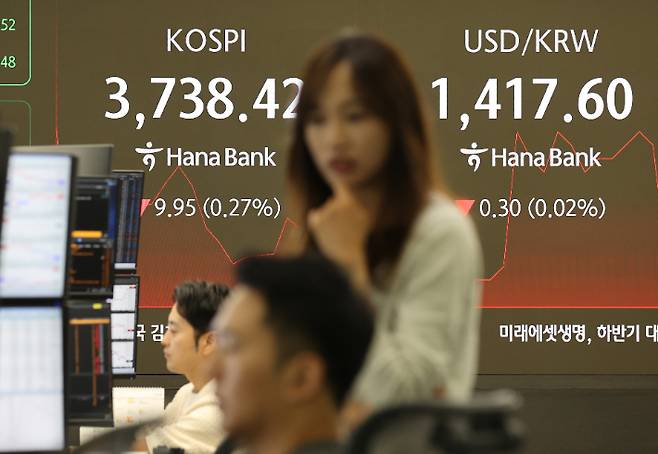 17일 서울 중구 하나은행 본점 딜링룸에서 직원들이 업무를 보고 있다. 연합뉴스