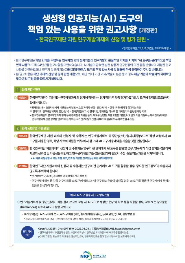 한국연구재단 ‘생성형 인공지능(AI) 도구의 책임 있는 사용을 위한 권고사항’ 개정판.