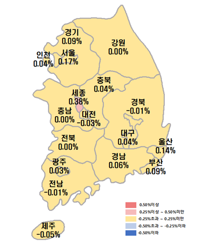 2025년 10월 2주차 시·도별 아파트 전세가격지수 변동률. 한국부동산원 제공