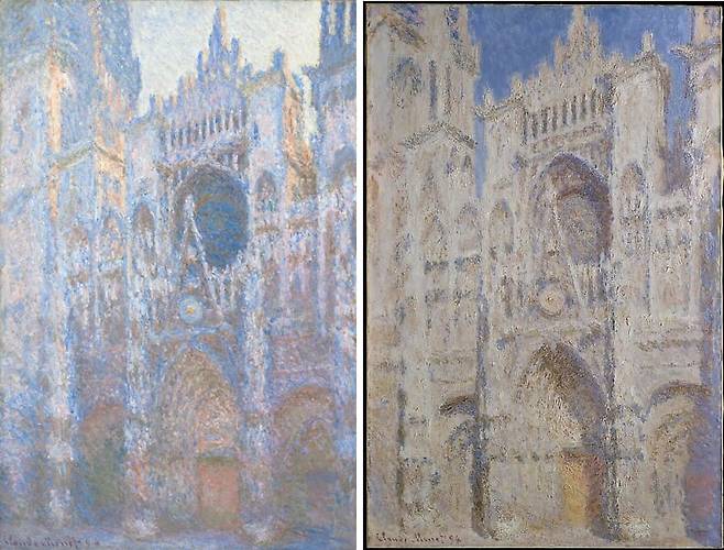 다른 시간, 같은 장소를 그려내 '시간'을 화폭에 담으려했던 모네의 '루앙 대성당' 연작. 모네는 1892~1893년 이 연작을 30점 이상 그렸다./미국 워싱턴DC 국립미술관·메트로폴리탄미술관